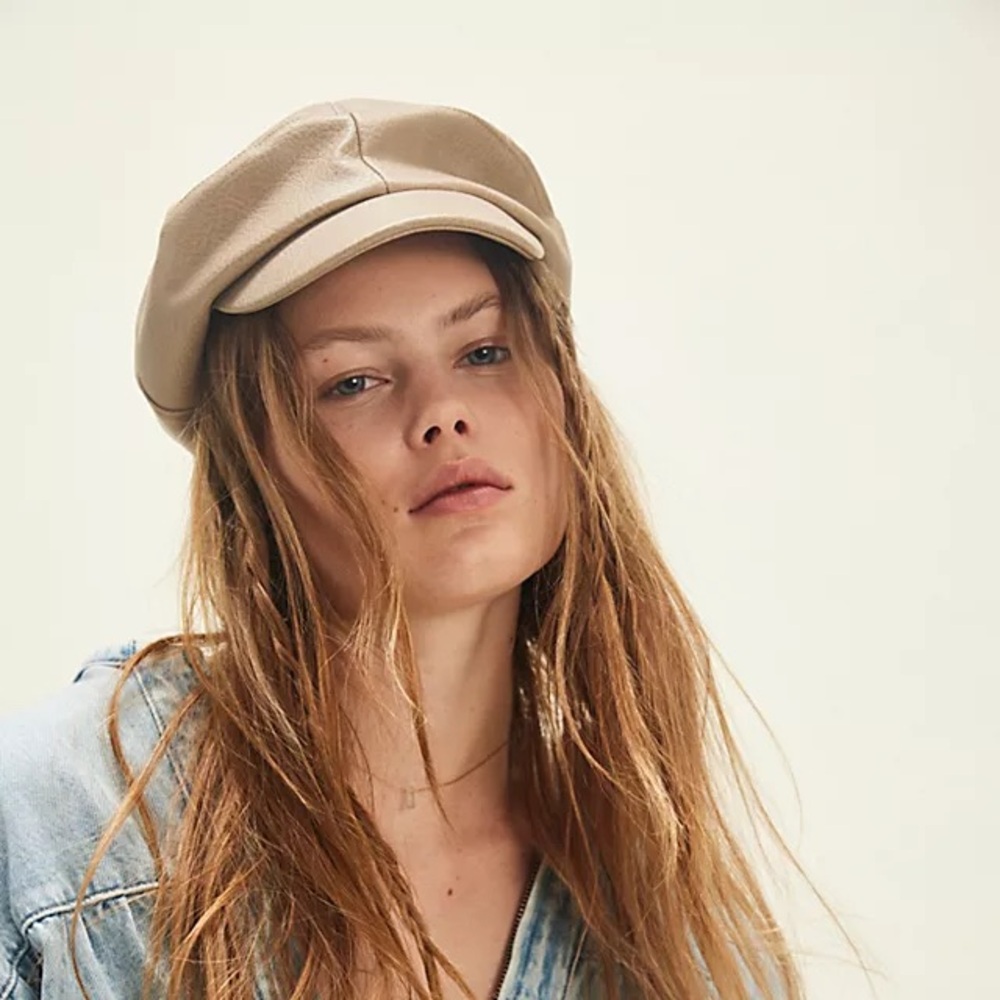 Free People Carrie Distressed Lieutenant Hat - newsboy, leather, beige, tan